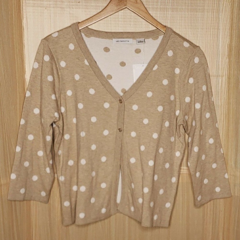 Liz Claiborne Womens New Tan White Polka-dot Cardigan Sweater Large
